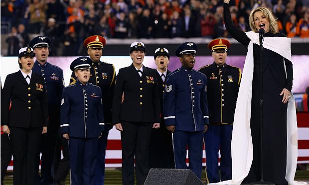 Renee Fleming sings the national anthem at the Super Bowl on Sunday Renee Fleming sings the national anthem at the Super Bowl on Sunday