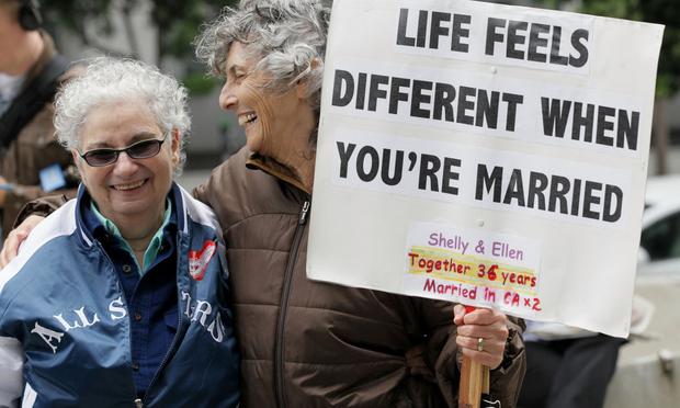 Same-sex couple Shelly Bailes (L) and Ellen Pontac celebrate the ruling to overturn the ban on gay marriage outside of the Philip Burton Federal building August 4, 2010 in San Francisco, California.
