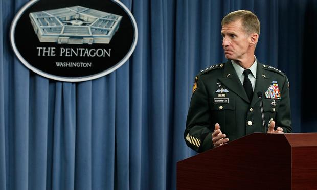 Former Commander of the International Security Assistance Force and Commander of U.S. Forces in Afghanistan, Gen. Stanley McChrystal, speaks during a news briefing at the Pentagon on May 13, 2010.