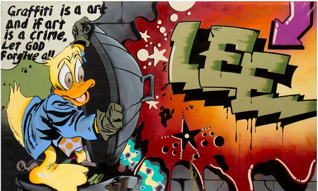 'Howard the Duck' by Lee Quiñones, painted in 1988 as a recreation of Quiñones' mural at Corlears Junior High School on the Lower East Side. The Manhattan mural has since been destroyed. 'Howard the Duck' by Lee Quiñones, painted in 1988 as a recreation of Quiñones' mural at Corlears Junior High School on the Lower East Side. The Manhattan mural has since been destroyed.