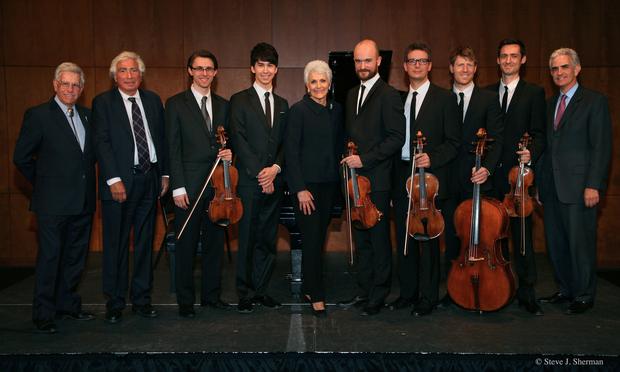 Host Bob Sherman with Nat Leventhal, Dimitri Murrath, Charlie Albright, Nancy Fisher, Calder Quartet (Andrew Bulbrook, Jonathan Moerschel, Eric Byers, Benjamin Jacobson) and Charles Avery Fisher The 2014 Avery Fisher Career Grants at the Kaplan Penthouse, Lincoln Center 3/18/14
