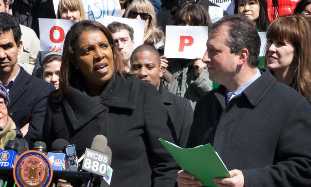 NYC Public Advocate Letitia James addresses a crowd of environmental advocates pushing to eradicate plastic bag use in the city. NYC Public Advocate Letitia James addresses a crowd of environmental advocates pushing to eradicate plastic bag use in the city.