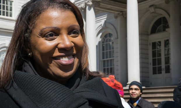 NYC Public Advocate Letitia James talks to press after a city hall rally. NYC Public Advocate Letitia James talks to press after a city hall rally.