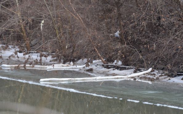 The banks of the Elk River, where Kanawha County emergency services eventually determined the chemical had seeped through a secondary containment barrier, is seen on January 10, 2014 in Charleston, We
