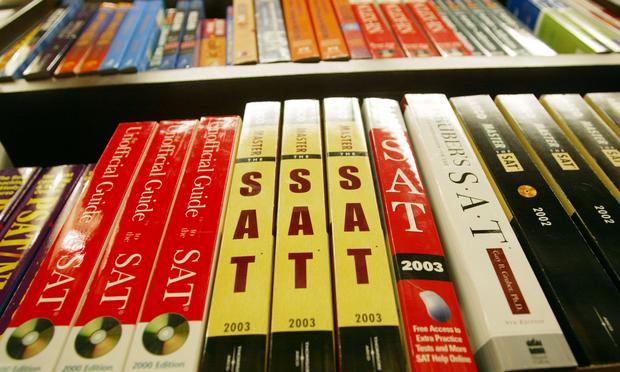 SAT test preparation books sit on a shelf at a Barnes and Noble store June 27, 2002 in New York City.