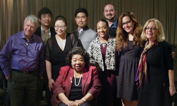 Soprano Martina Arroyo (center) with host Bob Sherman and students from Arroyo's Prelude to Performance program. Soprano Martina Arroyo (center) with host Bob Sherman and students from Arroyo's Prelude to Performance program.