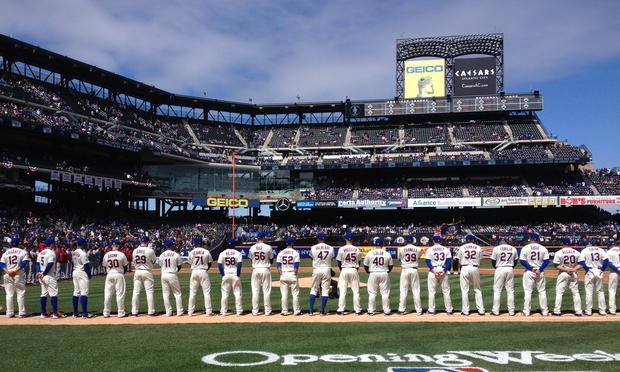 The Mets line up on opening day at Citifield.
