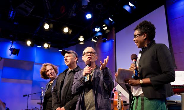 Composers and Bang on a Can co-founders Julia Wolfe, Michael Gordon and David Lang with host Helga Davis at Q2 Music Presents in The Greene Space Composers and Bang on a Can co-founders Julia Wolfe, Michael Gordon and David Lang with host Helga Davis at Q2 Music Presents in The Greene Space