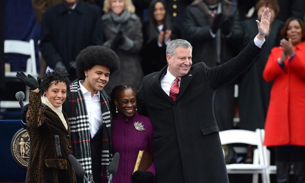Mayor de Blasio with First Lady Chirlane McCray, Dante and Chiara de Blasio at his inauguration