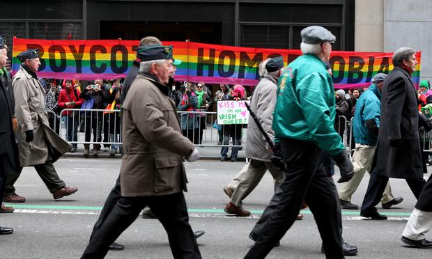 Irish groups march past anti-homophobia banners on Fifth Avenue at the St. Patrick's Day Parade on March 17, 2014. Irish groups march past anti-homophobia banners on Fifth Avenue at the St. Patrick's Day Parade on March 17, 2014.