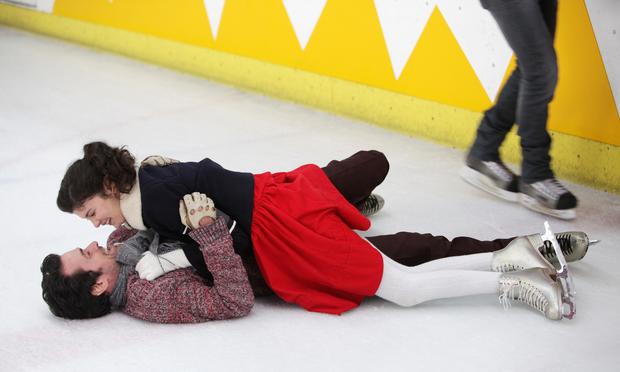 In Drafthouse Films’ 'Mood Indigo,' Colin (Romain Duris) and Chloé (Audrey Tautou) fall together while ice skating. 'Mood Indigo' Michel Gondry Audrey Tautou Romain Duris