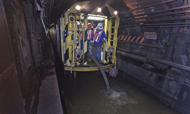 Post-Sandy flooding in the under-river tube that carries the L train.