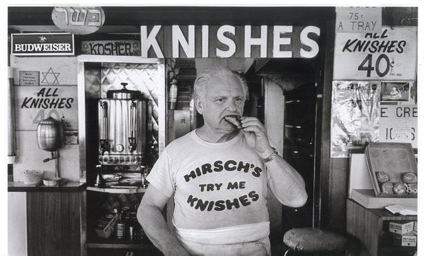 Mano Hirsch, of the eponymous knish shop on Brighton Beach. Sign in the upper left says, in Hebrew letters, Kosher. Mano Hirsch, of the eponymous knish shop on Brighton Beach. Sign in the upper left says, in Hebrew letters, Kosher.