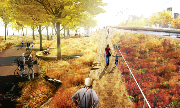 The $335 million award would fund a 1.5-mile berm along the FDR Drive and improve the East River Park. The Big U proposal would encircle much of Manhattan in a series of earthen berms and portable flood walls. From the Rebuild by Design competition.