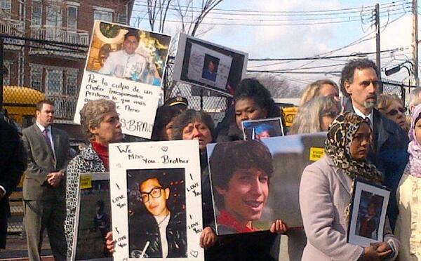 Families of traffic fatalities attending Mayor BilldeBlasio's announcement about preventing future deaths.