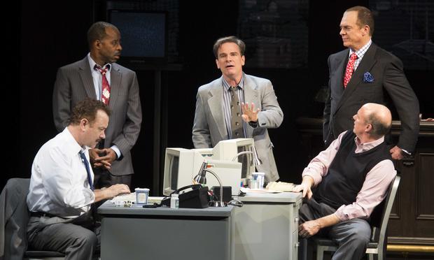 Tom Hanks (left to right), Courtney B. Vance, Peter Scolari, Christopher McDonald and Michael Gaston in 'Lucky Guy' at the Broadhurst Theatre. Tom Hanks (left to right), Courtney B. Vance, Peter Scolari, Christopher McDonald and Michael Gaston in 'Lucky Guy' at the Broadhurst Theatre.