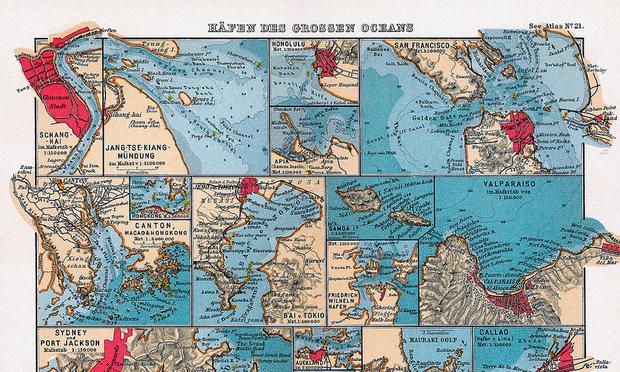 Häfen des Grossen Oceans (German map of seaports in the Pacific Ocean)