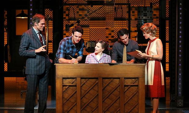 Jeb Brown as Don Kirshner, Jake Epstein as Gerry Goffin, Jessie Mueller as Carole King, Jarrod Spector as Barry Mann and Anika Larsen as Cynthia Weill in 'Beautiful: The Carole King Musical' Beautiful the Carole King Musical