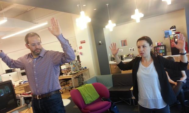 WNYC's Manoush Zomorodi playing the video game Scoops! at NYU Poly Game Innovation Lab in Brooklyn