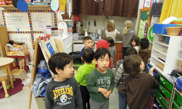 A pre-k class lines up to wash hands at P.S. 261 Philip Livingston in Boerum Hill.