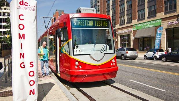 A streetcars traveling on H Street NE on the first day of operator training