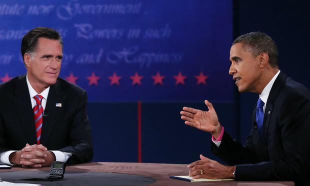 President Barack Obama debates Republican presidential candidate Mitt Romney at Lynn University on October 22, 2012 in Boca Raton, Florida. U.S. President Barack Obama (R) debates with Republican presidential candidate Mitt Romney at Lynn University on October 22, 2012 in Boca Raton, Florida.
