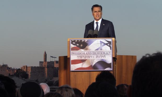 Mitt Romney speaks at an event in Jerusalem on July 29, 2012.