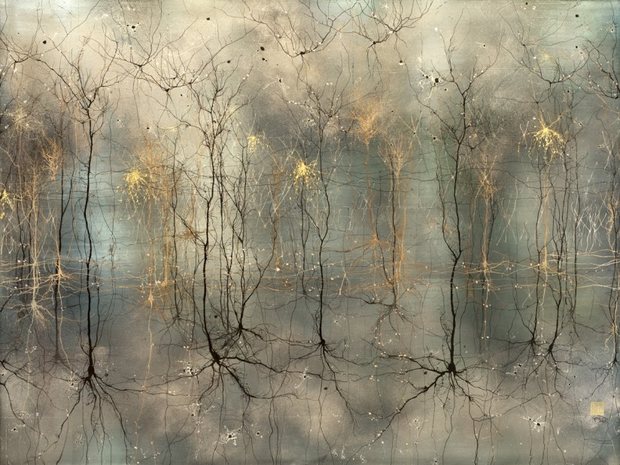 'Cortical Columns' represents neural synapses. Gold, ink, dye and mica color the aluminized panel.