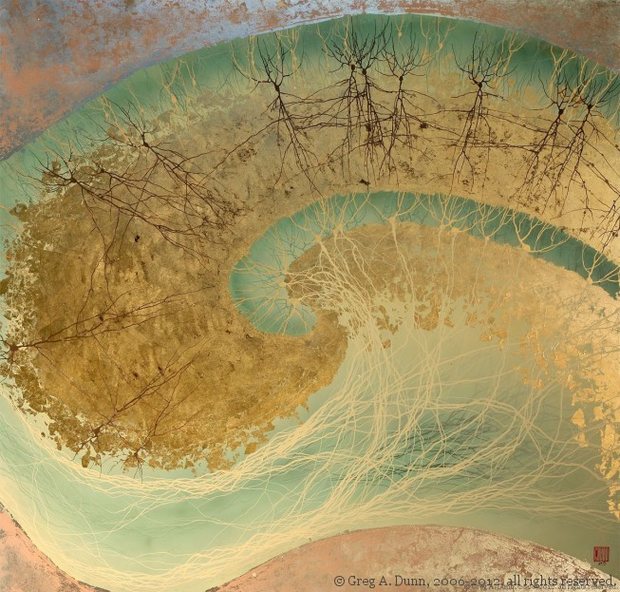 'Hippocampus II,' enamel on composition gold and aluminum depicting the titular region of the brain.