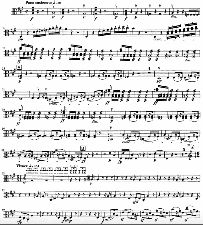 First page for the viola part of Beethoven's Seventh Symphony.