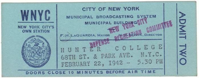 Third annual WNYC American Music Festival ticket from 1942.