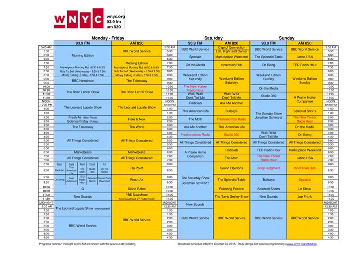 October 2015 Schedule Changes for WNYC and NJPR WNYC
