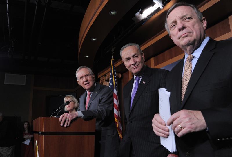 Charles Schumer, Senate Majority Leader Harry Reid, and Senate Majority Whip Richard Durbin, hold a news conference at the U.S Capitol on the eve of the budget sequester.