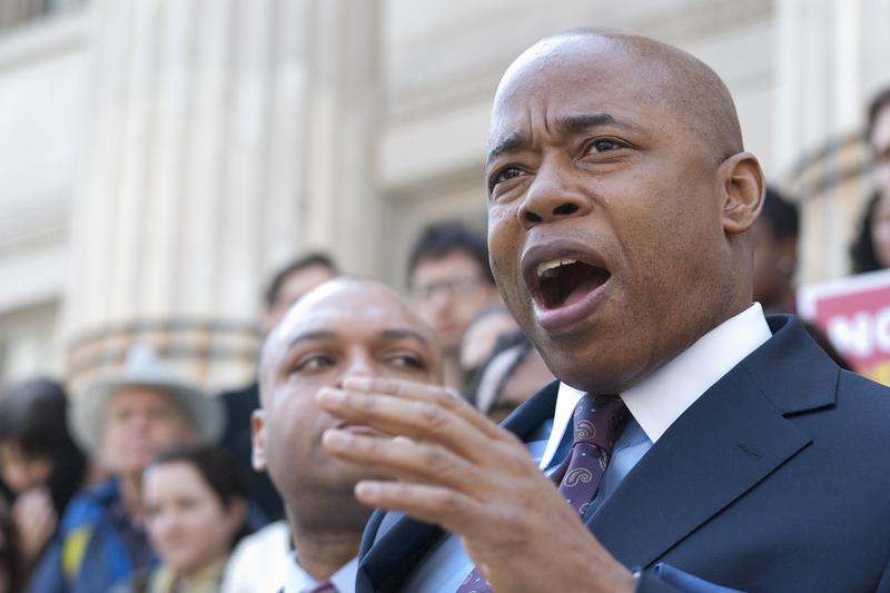 Brooklyn Borough President Eric Adams speaks at a rally supporting a proposal to stop prosecution of low-level marijuana possession on the steps of Brooklyn Borough Hall on Friday, April 25.