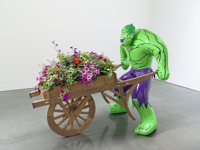 Hulk (Wheelbarrow), 2004-2013. polychromed bronze, wood, copper, and live flowering plants