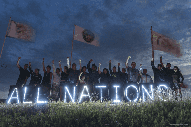 Native protesters standing against the Dakota Access Pipeline at the Sacred Stone Camp, September 2, 2016.