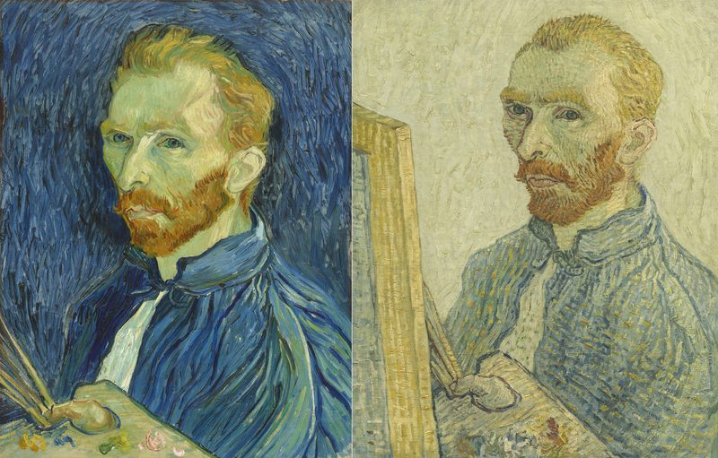 Left: Vincent van Gogh, Self-portrait, 1889, oil on canvas. Right: Anonymous, Portrait of Vincent van Gogh, 1925 / 1928, oil on canvas