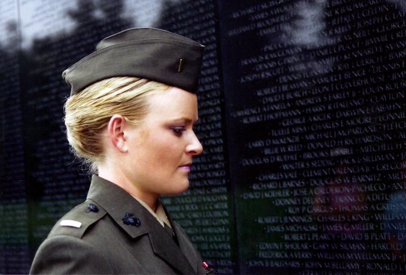 Lieutenant Elle Helmer at the Vietnam War Memorial, US Marine Corps, from THE INVISIBLE WAR