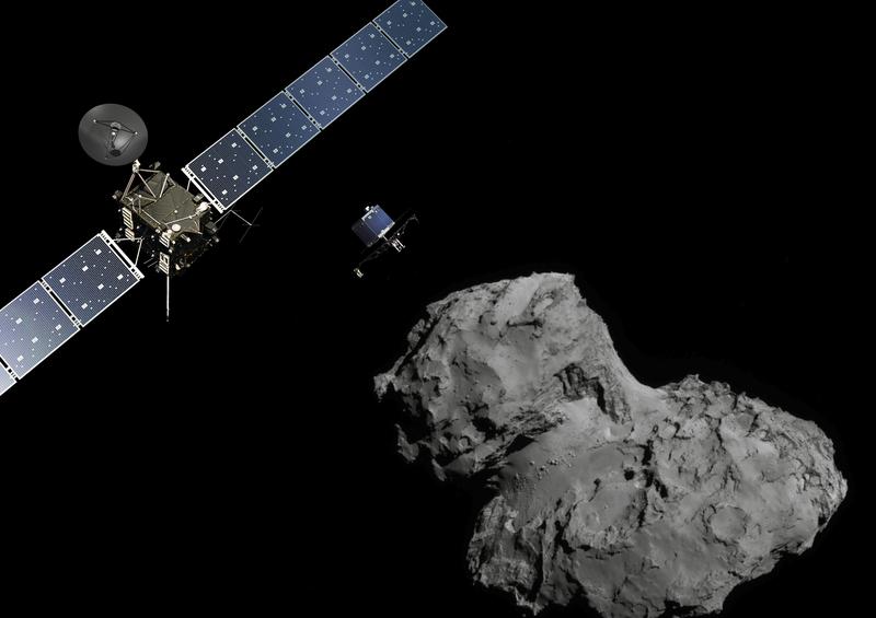 In this November 10, 2014 handout photo illustration provided by the European Space Agency (ESA) the Rosetta probe (L) and Philae lander are pictured above the 67P/Churyumov-Gerasimenko comet.