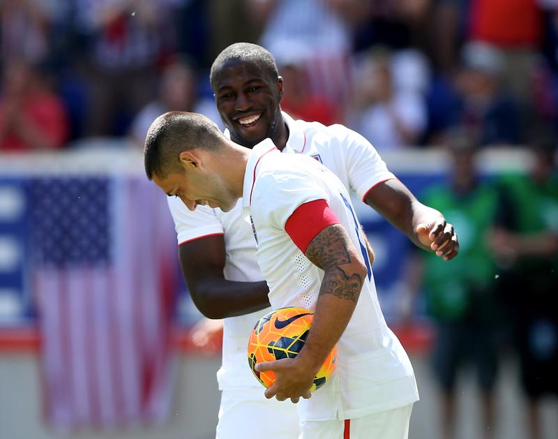 Clint Dempsey #8 of the United States is congratulated by teammate Jozy Altidore #17 after Dempsey scored in the second half against Turkey during an international friendly