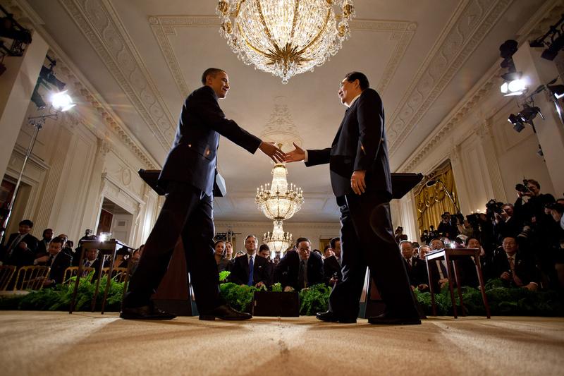 President Barack Obama and President Hu Jintao of China shake hands at the conclusion of their joint press conference in the East Room of the White House, Jan. 19, 2011.