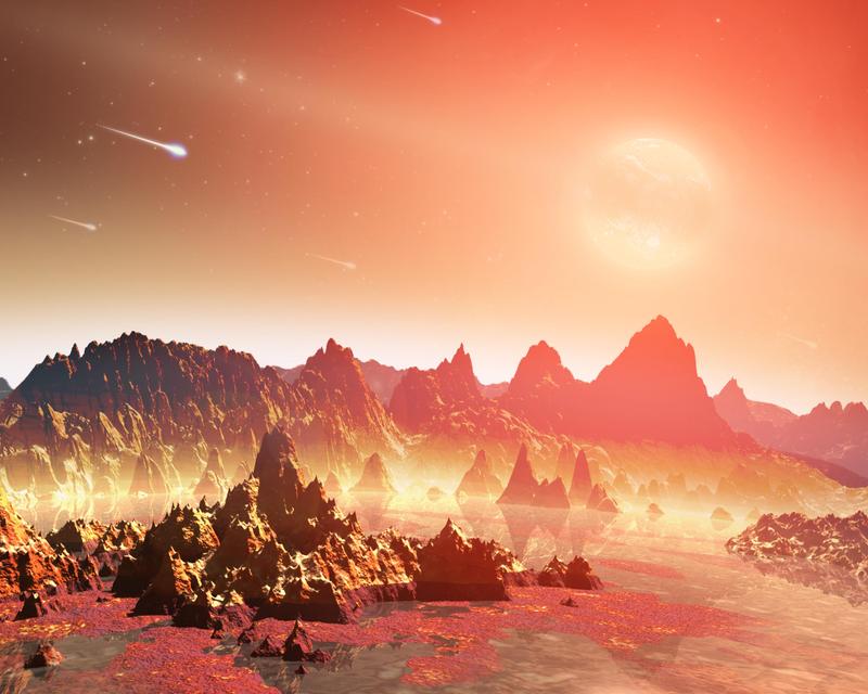 Artist depiction of the surface of a young planet in orbit around an m-class dwarf star with a characteristic red haze.
