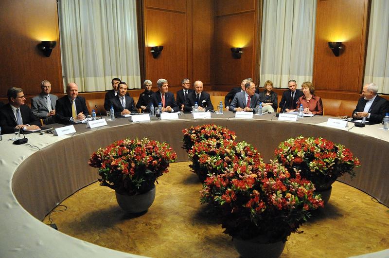 U.S. Secretary of State John Kerry sits with his fellow P5+1 foreign ministers at the UN headquarters in Geneva, after the group concluded negotiations about Iran's nuclear program. Nov 24, 2013