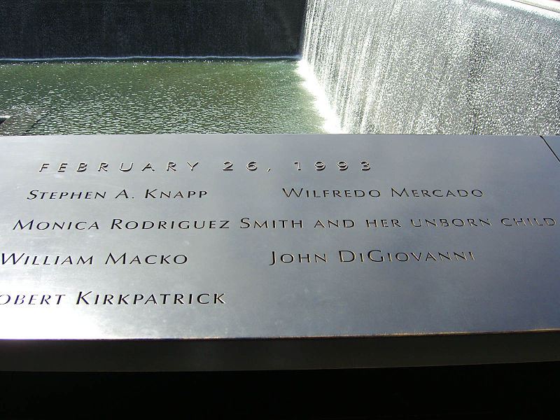 9/11 Memorial with six names of those killed in the 1993 World Trade Center bombing.