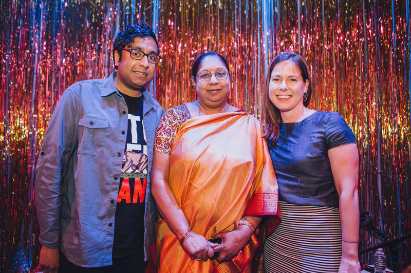 Comedian Hari Kondabolu and his mom, Uma Kondabolu on stage with host Anna Sale in The Greene Space.