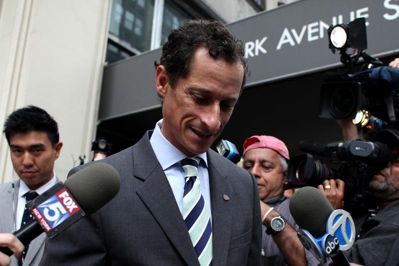 Mayoral candidate Anthony Weiner outside of his Park Avenue apartment.