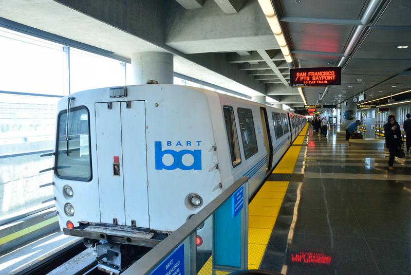 A BART train at the San Francisco Airport station.