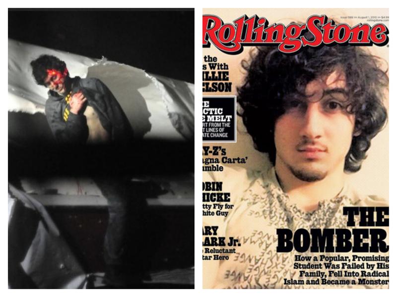 Two images of Dzhokhar Tsarnaev, one from the night of his capture, and another on the cover of Rolling Stone
