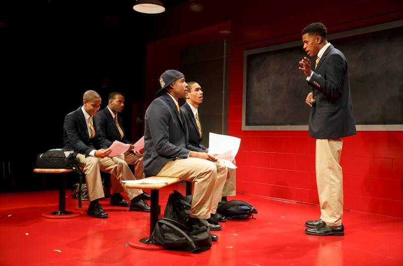 Nicholas L. Ashe, Wallace Smith, Grantham Coleman, Kyle Beltran, and Jeremy Pope in "Choir Boy" at MTC's Studio at Stage II at New York City Center