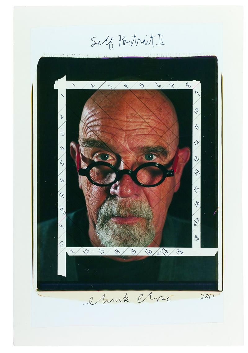 Chuck Close. <em>Self-Portrait II/maquette,</em> 2011, color Polaroid with ink, red-colored dot adhesive, and tape mounted to foamcore